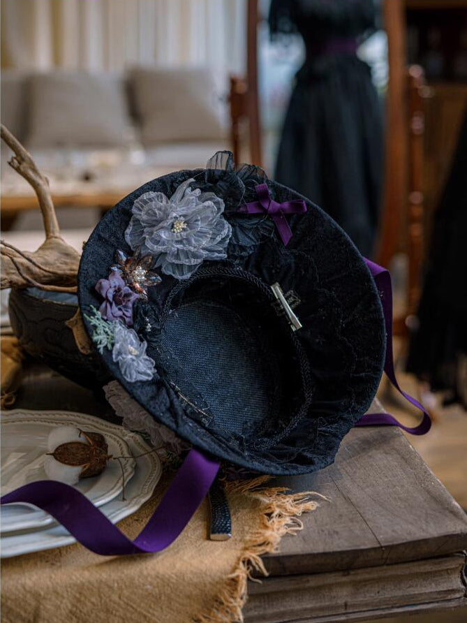 Elegant / Hat Lolita Floral Design Beige Black