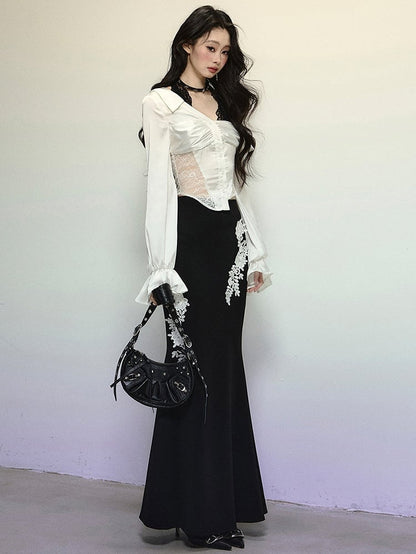 ブラックフローラル刺繍ハイウエストマーメイドスカート