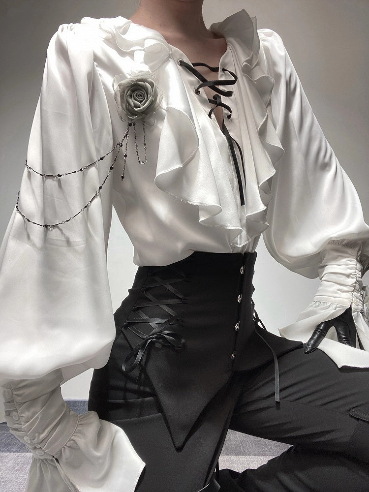 Ivory Cascading Ruffle Shirt with Gray Floral Chains - Shi Zhi Mao