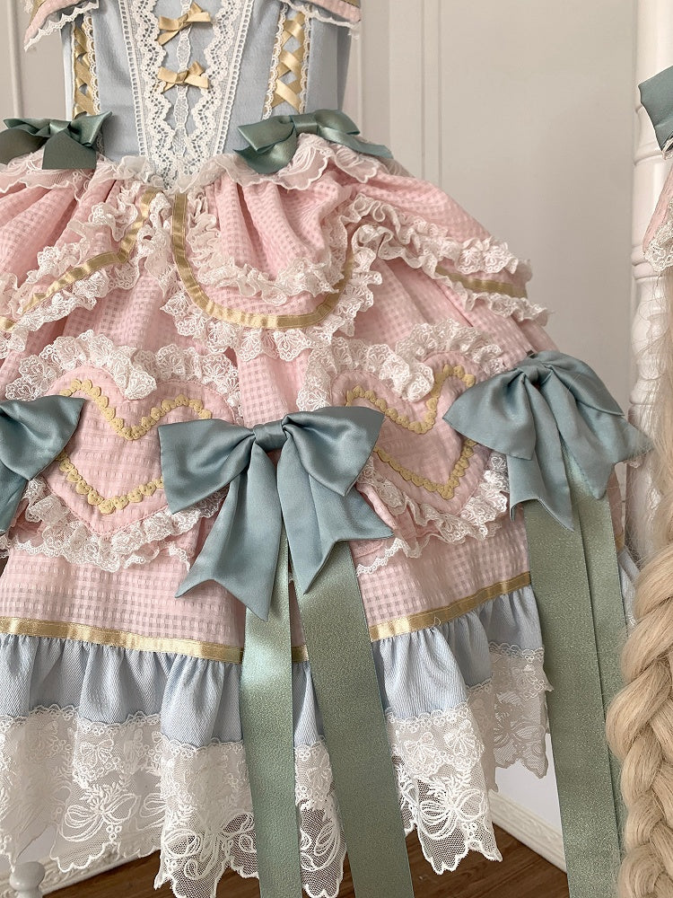 Mintgrünes Schleifen-Rosa und Blaues süßes Lolita-Korsettkleid mit Choker