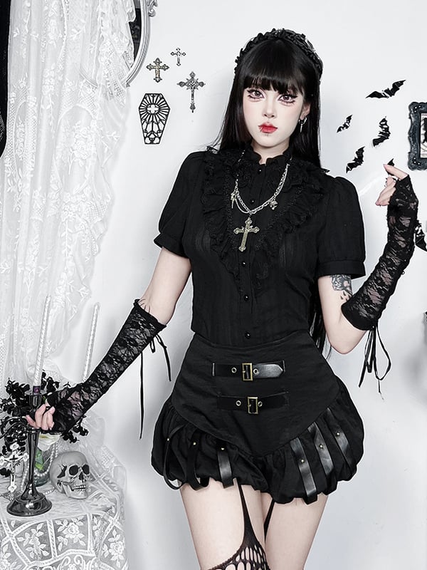 Metal PU Black Halloween Zipper Skirt with Straps Adjustable Buckle Studded Side Gothic