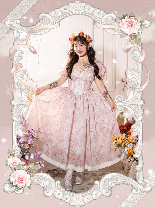 Plus Size Rosa Allover Korsett Mieder Cottagecore Blumendruck Puffärmel Kleid