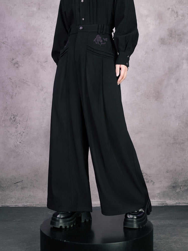 Gothic Straight Leg Trousers Featuring Purple Iris Embroidery in Black - Quirky Hut