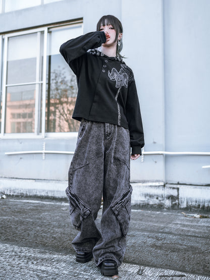 Gray Vintage Pockets Distressed Asymmetrical Jeans Wide-Leg with