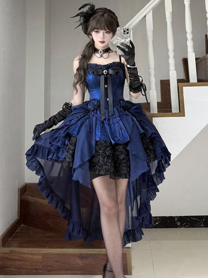 Dress Boned Bouquet Strapless Hem Black Gothic Rose Lolita with Blue
