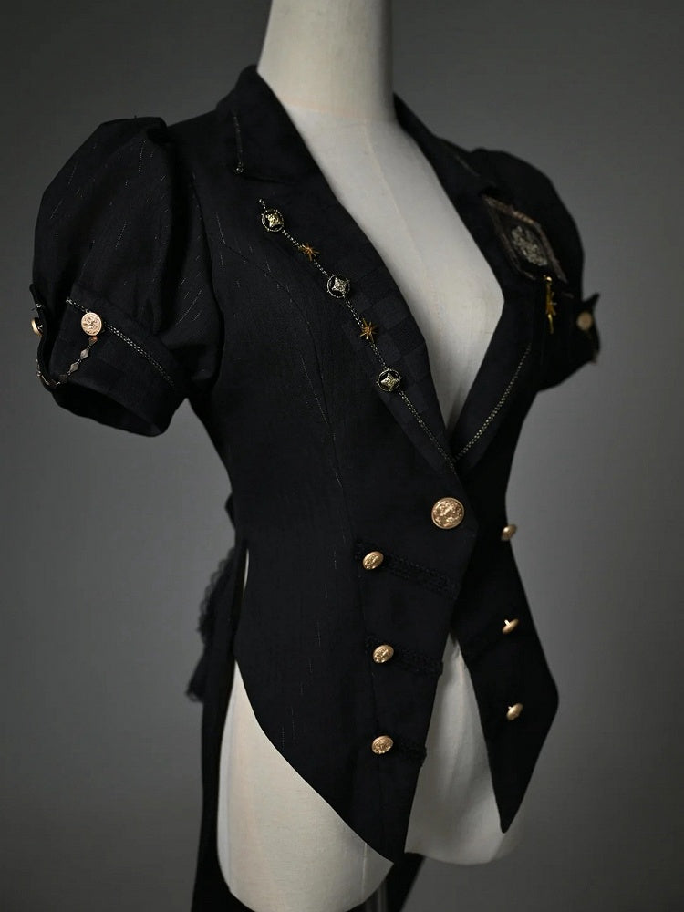 Black Blazer Collar Short Puff Sleeve Split-Tail Top