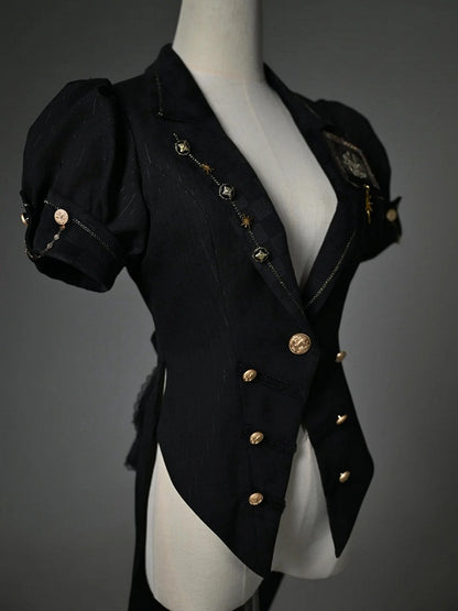 Black Blazer Collar Short Puff Sleeve Split-Tail Top