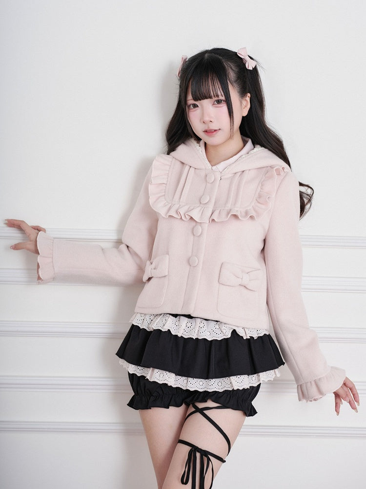Ruffle-Trimmed Short Hooded Jacket in Pink Ryousangata Wool Blend - No Genki