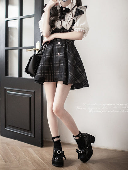 with Flutter Sleeves Waist Black Plaid Overall Dress Short Version Jirai Kei High