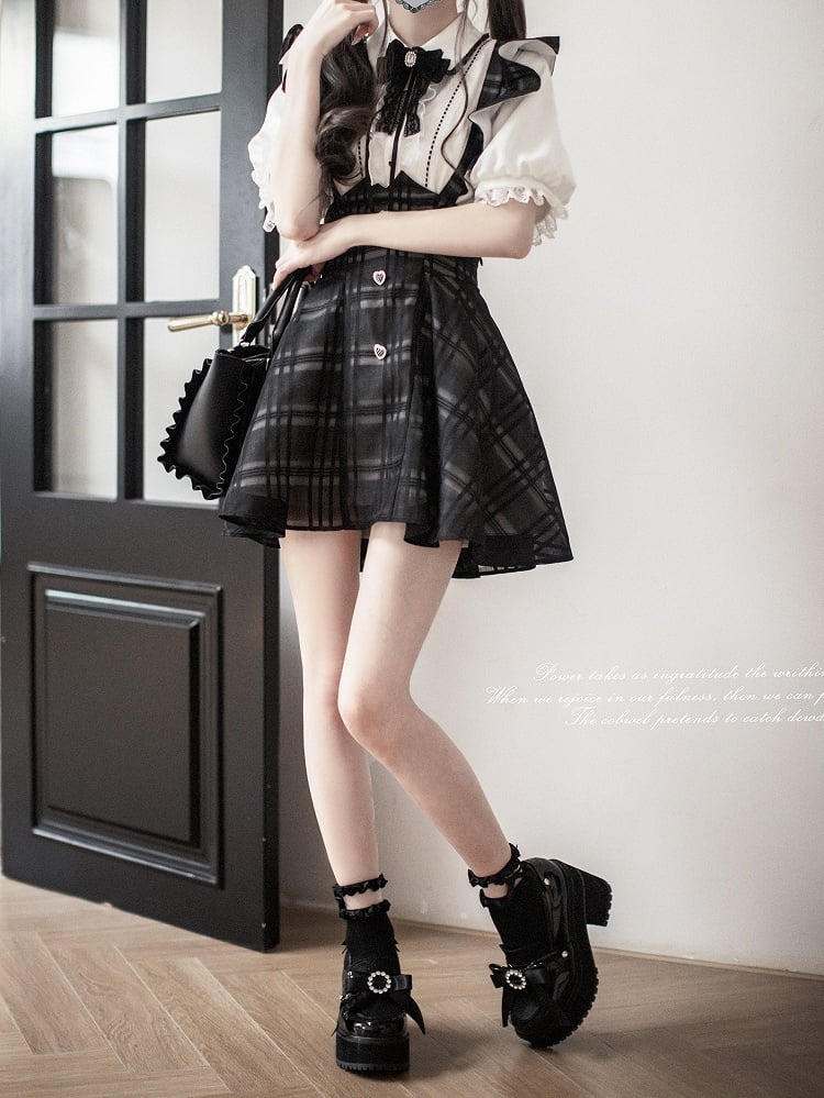 Blouse with Sweetheart Lace Jirai Puff Rhinestone Black Kei White Trim Sleeve Buttons