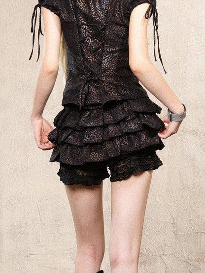 Black Print Fashion Gyaru Waist Leopard Elastic Skort Low-Rise Punk Layers Ruffle with