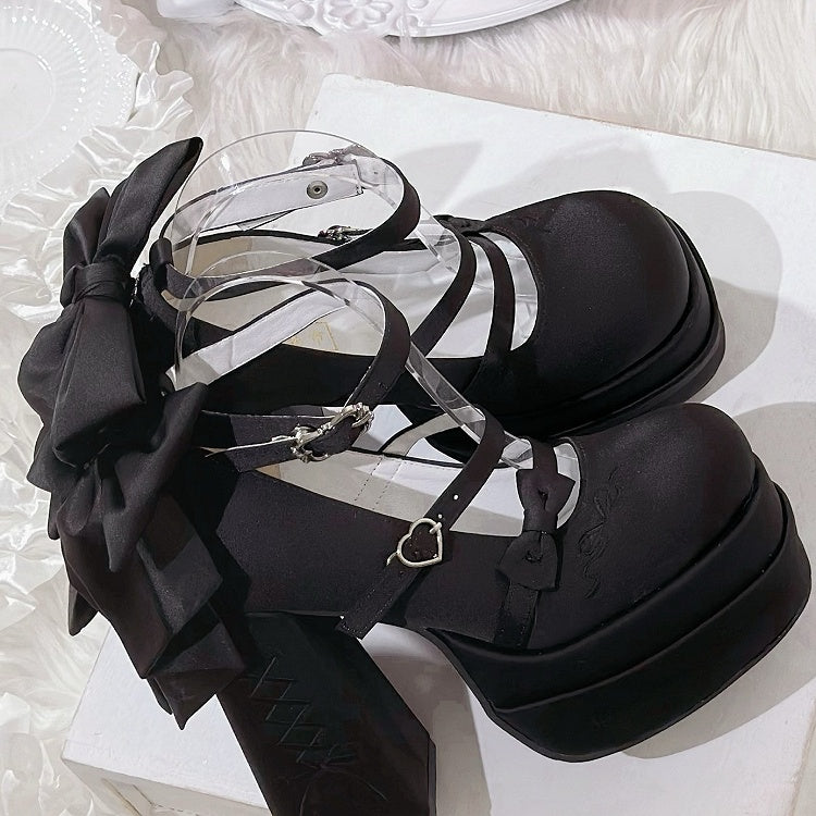 クラシックなプラットフォームブラックの蝶結びジェーンズロリータエレガントハイメリーヒール