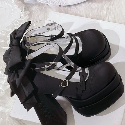 クラシックなプラットフォームブラックの蝶結びジェーンズロリータエレガントハイメリーヒール