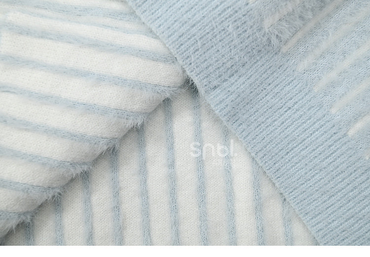 Cute Little Bear Plushie Adorned  Blue Striped Loose Cardigan