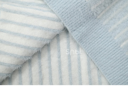 Cute Little Bear Plushie Adorned  Blue Striped Loose Cardigan