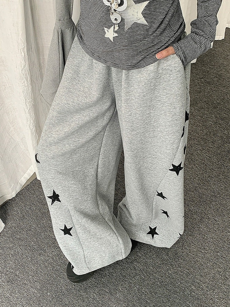 Black/Gray Curved Leg Pants with Star Print - Solkatt