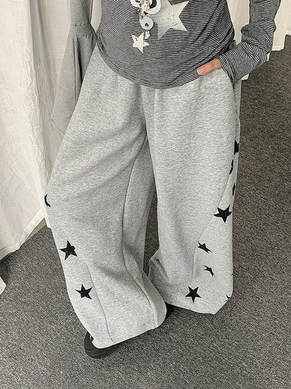 Black/Gray Curved Leg Pants with Star Print - Solkatt