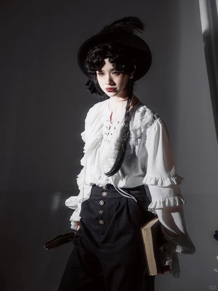 with Long Front Lace-Up Blouse Sleeves White Ruffled
