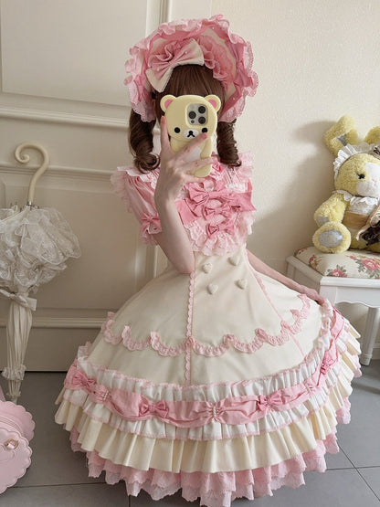 Pink Yellow Sweet Hemline Bows Ruffle Decorated Old Layered and