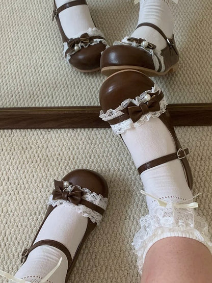 Round Janes with Lolita Charm Toe Buckle Sweet Trim - Heel Heart Bead 1cm/3.5cm Brown Bow Mary PU Lace