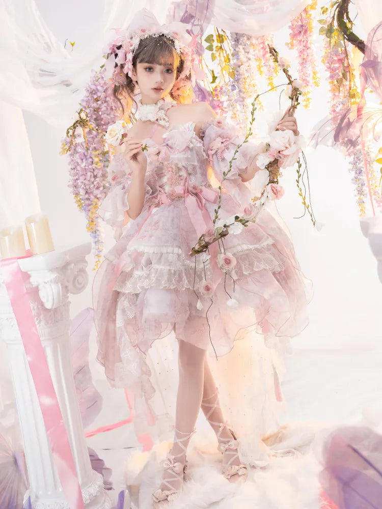 Rosa Prinzessin Fee Blumenmuster Set voller Schmetterling und JSK Kleid Lolita Blume