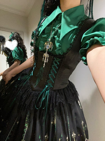 Green Rosette and Skull Print Gothic Lolita Corset Under Bust JSK Dress - Sweetheart Love Song