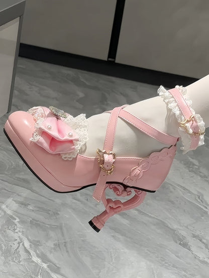 High Lolita Bow Lace Pink Heels Hime Trim Crystal Bead - with