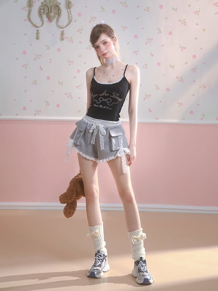 ブラック リボンプリント レーストリム キャミソールトップ