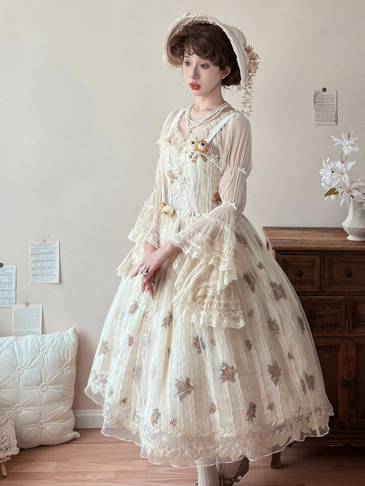 Apricot Floral Embroidered Lace Elegant Classic Lolita JSK Dress With Overlay