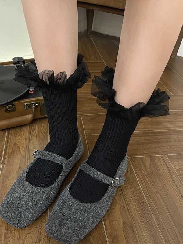 White Sweet Lace Trim Calf Socks