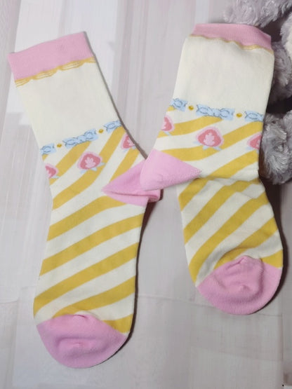 Pink&Yellow Sweet Lolita Bowknot Striped Calf Socks