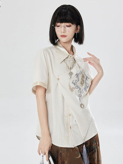 White Gold Thread Dragon Shirt - Qing Tang Original