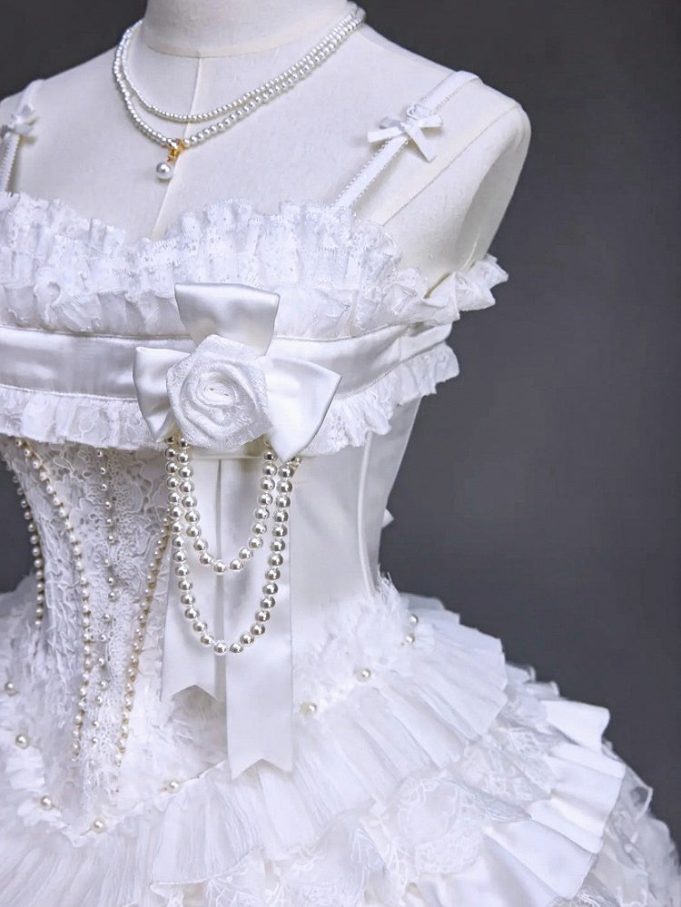 Snow Theme Elegant JSK Dress with Pearl and Floral Brooch - Airfreeing