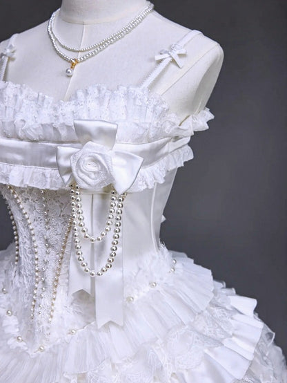 White Lace-Up JSK Dress with Floral Brooch and Overlay - Airfreeing