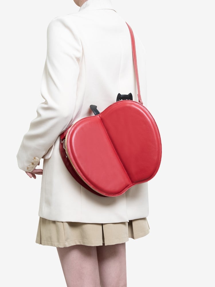 Red Flip Moon 2-Way Apple And Embroidery Playful Star With Core Cat Backpack