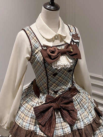 Chocolate & Mint Green Bow Plaid JSK with Heart Brooch - Tan Tuan