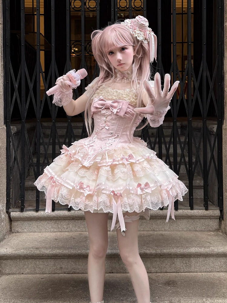 Schulter Dünne Jumper Entbeint Lolita Korsett Apricot Rosa Kleid Riemen Rock und