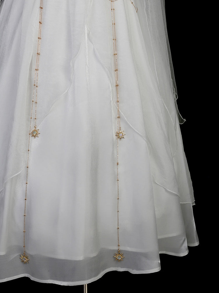 White Greek-inspired Lolita Flowing Bow Shoulders Maxi Dress with Gold Chains - Xiong Dou Jiang