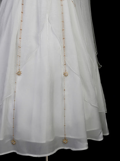White Greek-inspired Lolita Flowing Bow Shoulders Maxi Dress with Gold Chains - Xiong Dou Jiang
