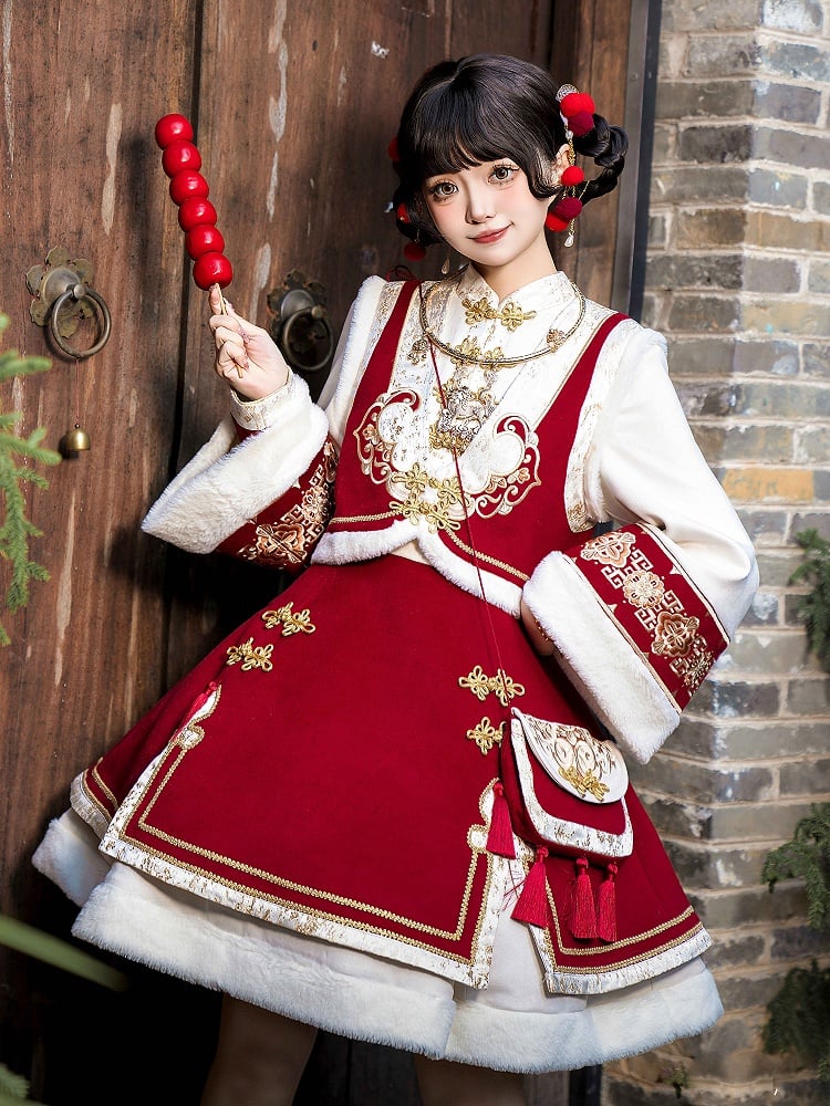 赤い新年の結び目ボタンのバンドカラーのロリータドレスベストタッセルクロスボディバッグフルセット