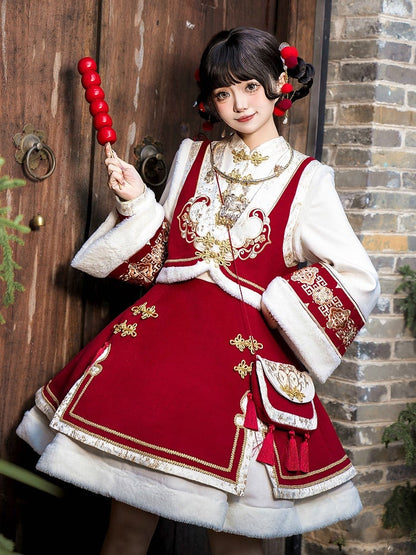 赤い新年の結び目ボタンのバンドカラーのロリータドレスベストタッセルクロスボディバッグフルセット