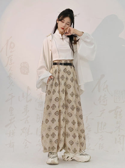 Beige Tang Dynasty Print Lantern Pants Belt Tassel