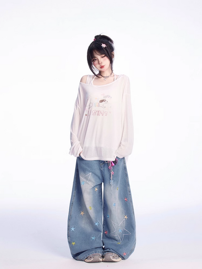 ホワイトのアシンメトリーネックラインのスリンキードッグプリントカバーアップとタンクトップセット