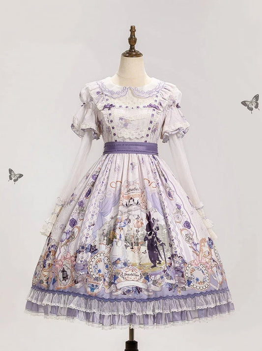 Hasen-Teeparty und geblümtes hellviolettes Lolita-Kleid mit abnehmbaren Ärmeln