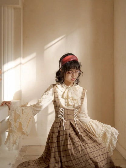 Classic Lace-Up Elegant Details Lolita with Brown Dress Plaid