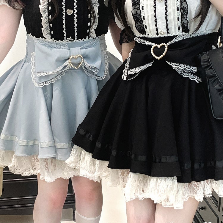 Jirai Kei Lace Bow Big Back Skirt Black/Light Trim Beaded Heart Decorated Blue Lace-up