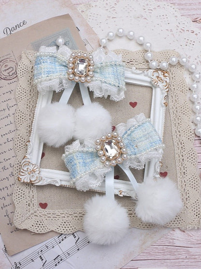Tweed 5 Color Options With Hairclip Rhinestone Bowknot Jirai Pom-Poms Kei