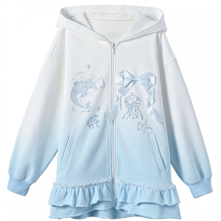 Gradient Blue & White Jellyfish and Dolphin Print Ruffled Trim Zip Closure Hoodie