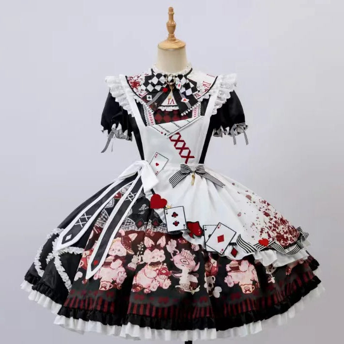 Sweet Lolita Apron Dress OP Full Set with Bunny & Teapot Print in Black and Red - Ying Luo Fu
