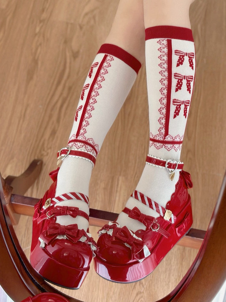 Bowknot Lace Red Calf Socks Pattern Lolita and White